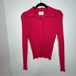 Ronny Kobo Pink Ribbed Knit Button Down Fitted‎ Cardigan Top Long Sleeve Sz S